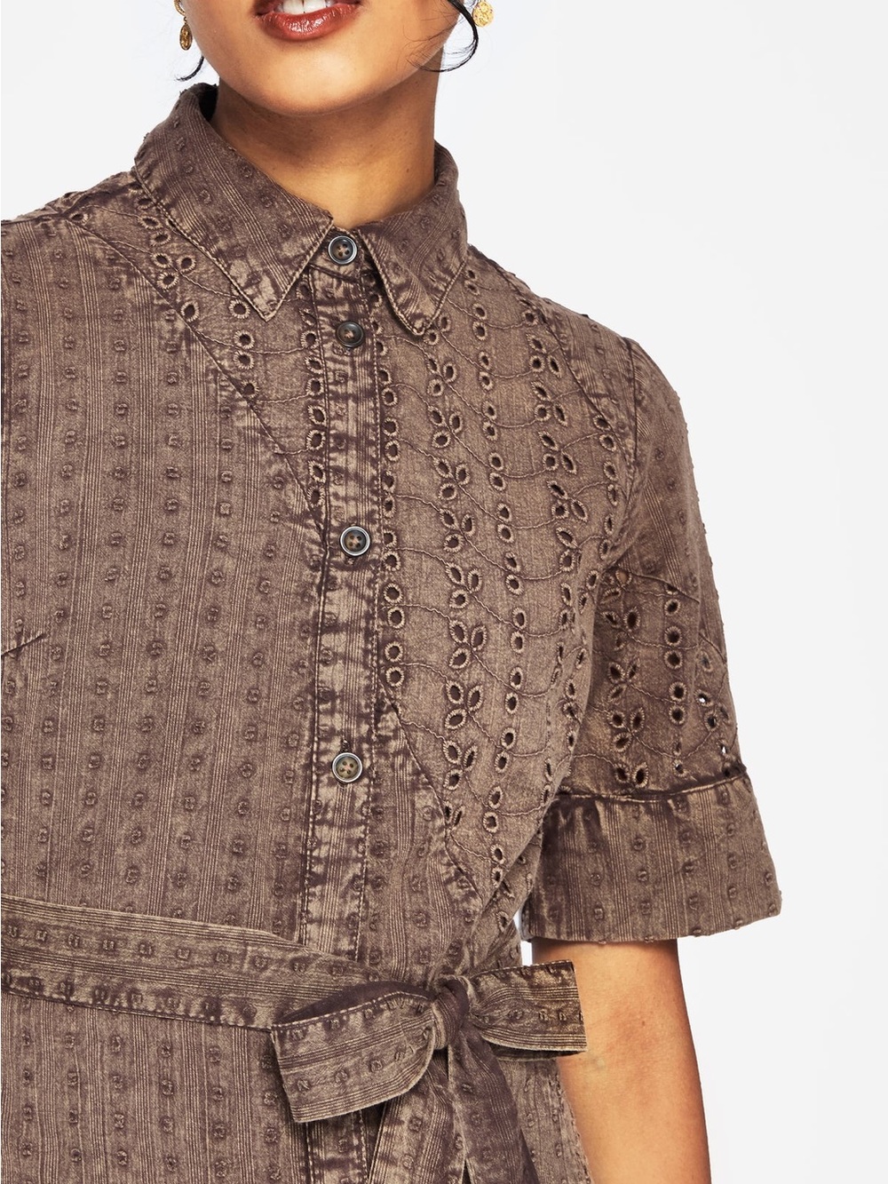 Disturbia NWT Summerisle Cotton Broderie Detail Tie Wrap Midi Shirt Dress - Picture 2 of 6